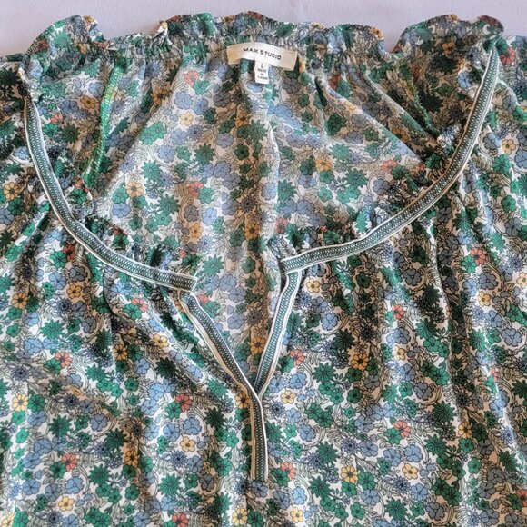Max Studio v-Neck ruffled cap sleeve flowy green/blue floral top size L - Picture 3 of 7